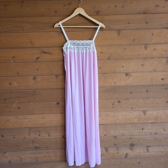 Vintage Dresses & Skirts - Vintage Slip Dress Pink Lace Lingerie Night Gown Med Feminine Retro Cottagecore